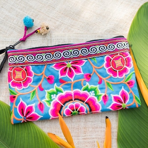 Blue Flower Clutch Bag for Women, Embroidered Hmong Hill Tribes Wrislet, Ethnic Handbag from Thailand, Boho Purse, Unique Gift  - BG308BLUW