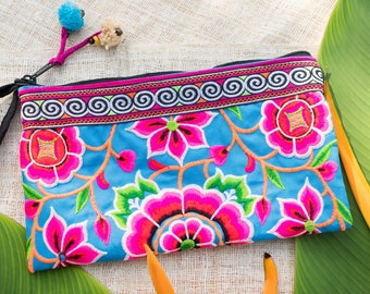 Blue Flower Clutch Bag for Women, Embroidered Hmong Hill Tribes Wrislet, Ethnic Handbag from Thailand, Boho Purse, Unique Gift  - BG308BLUW