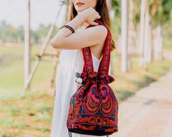Red Bird Pattern Hmong Embroidered Tote Bag, Handcrafted