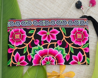 Black Flower Hmong Clutch Bag, Artisan Handbag, Festival Purse from Thailand,  Wristlet, Ethnic Bag, Unique Gifts - BG308BLAW