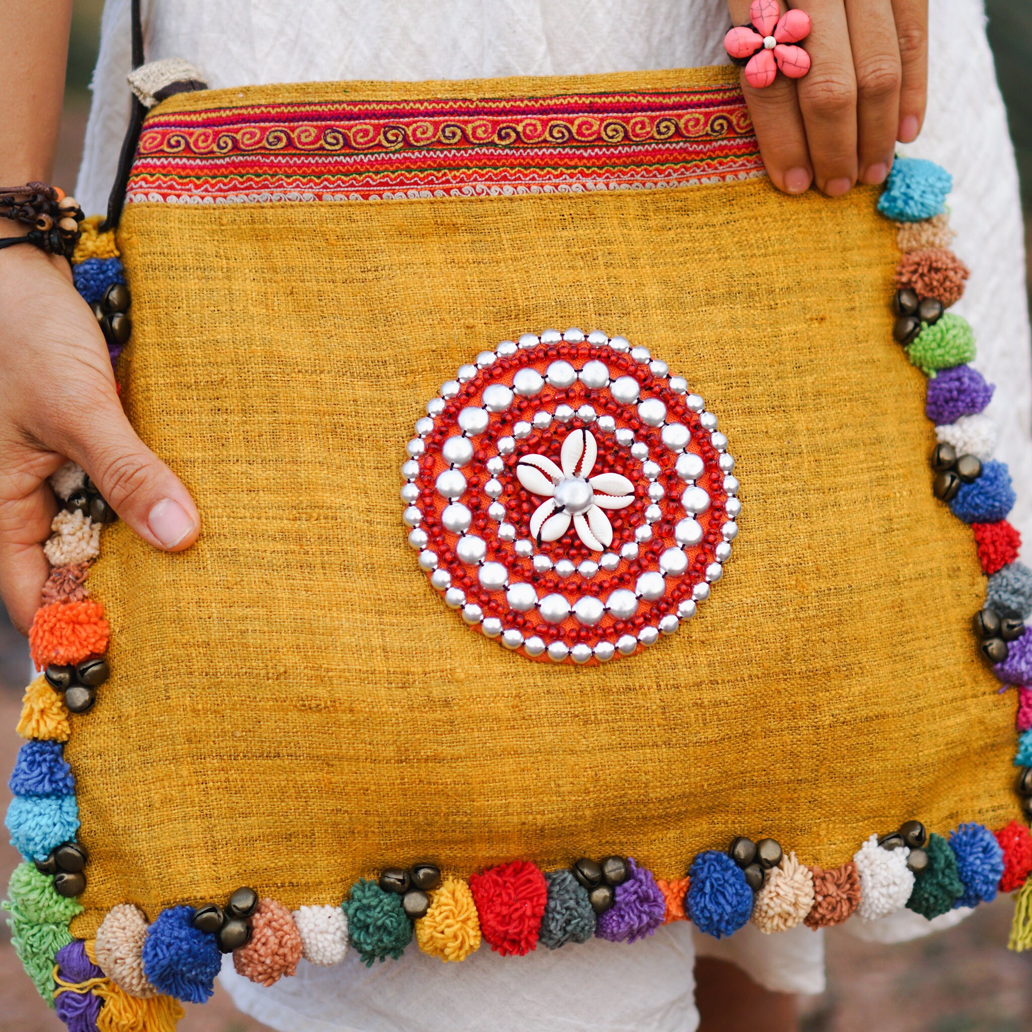 Boho Pom Pom Crossbody Bag With Hmong Embroidered