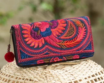 Bohemian Wallet for Women with Tribal Hmong Embroidered and Pom Pom Zip Pull in Red from Thailand - WA301REDB