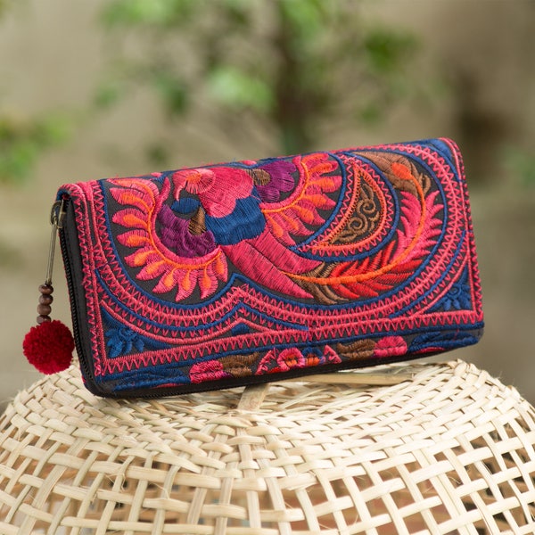 Bohemian Wallet for Women with Tribal Hmong Embroidered and Pom Pom Zip Pull in Red from Thailand - WA301REDB