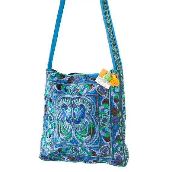 Blue Birds Hill Tribe Shoulder Bag with Hmong Embroidered Fabric Fair Trade