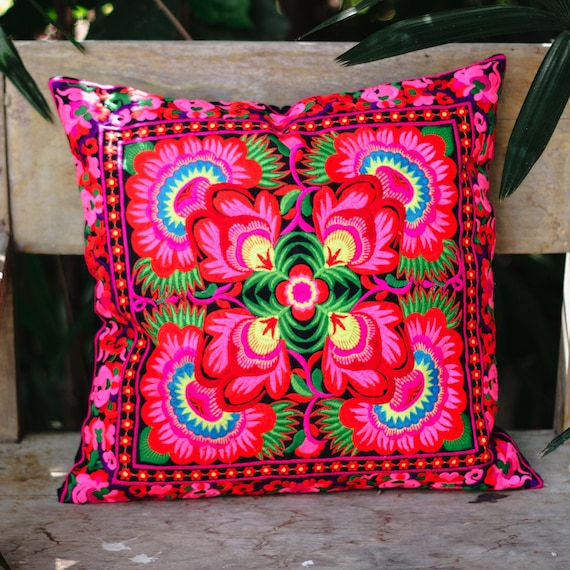 Peony Fair Trade Pillow Cover Hmong Hill Tribe Embroidered Pillow Cover Peony Fair Trade Pillow Cover Hmong Hill Tribe Embroidered Pillow Cover