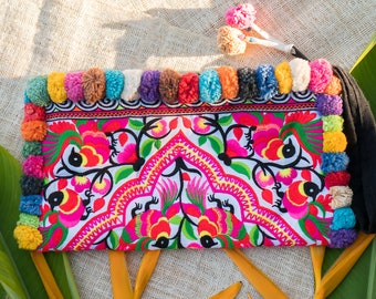 Colorful Pom Pom Clutch Bag with Hmong Embroidered Fabric, Bohemian Clutch Bag, Festival Bag, Unique Gifts - BG308WHIPPPMU