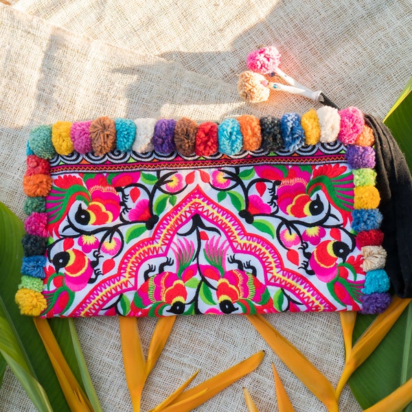 Colorful Pom Pom Clutch Bag with Hmong Embroidered Fabric, Bohemian Clutch Bag, Festival Bag, Unique Gifts - BG308WHIPPPMU