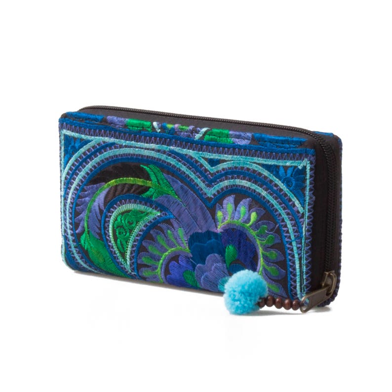 Handcrafted Blue Bird Pattern Hmong Embroidered Wallet/Purse with Pom Pom for Women WA301BLUB image 3
