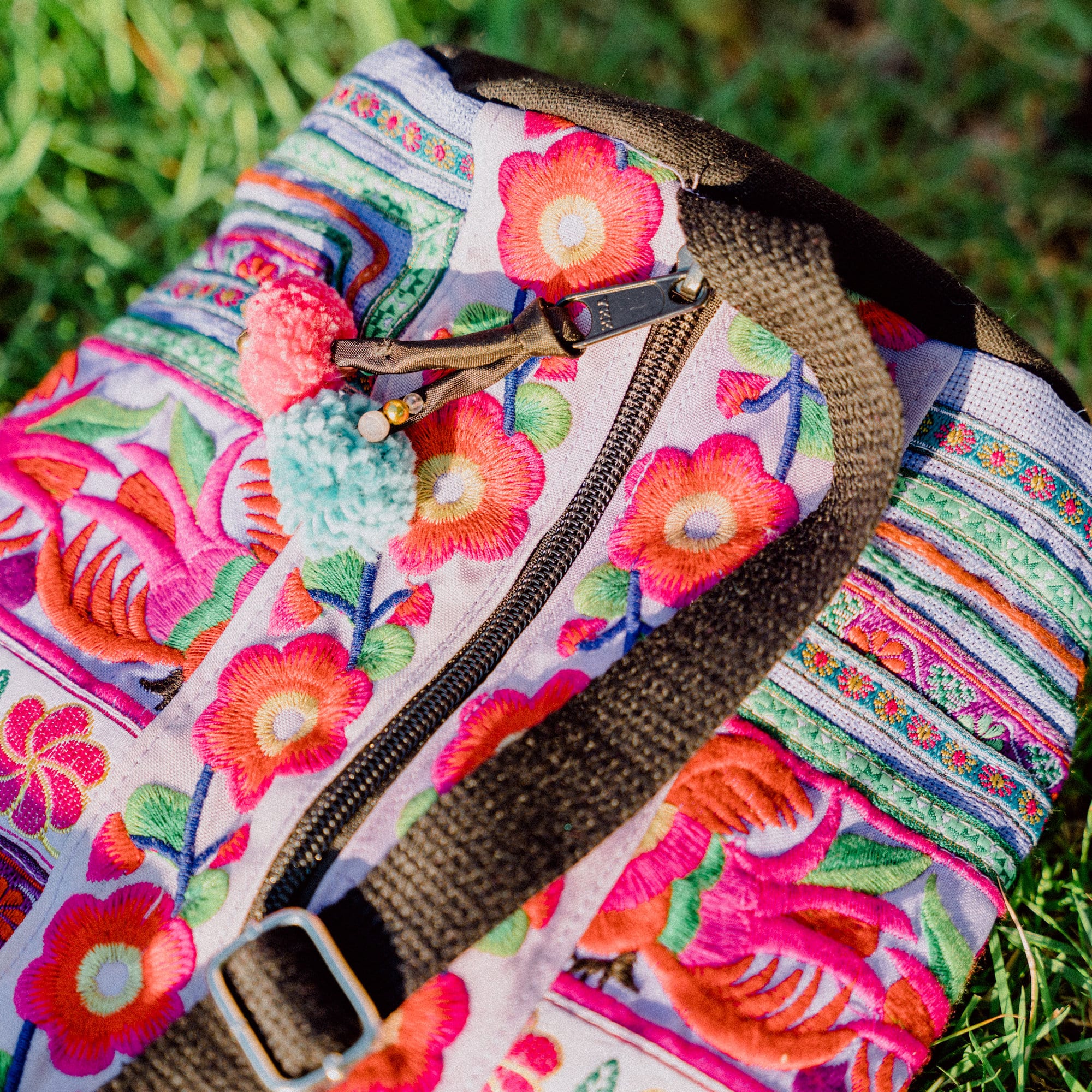 Handmade Yoga Mat Bag Hmong Embroidered in Purple, Floral