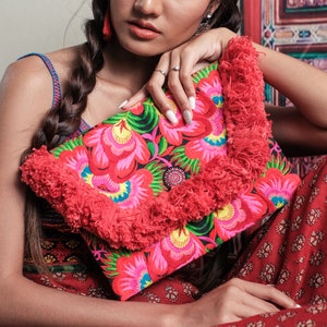 Flower Tassels Clutch Bag/iPad Holder with Hmong Tribes Embroidered Fabric,  Boho Clutch Bag, Festival Bag in Red - BG0040-01-RED