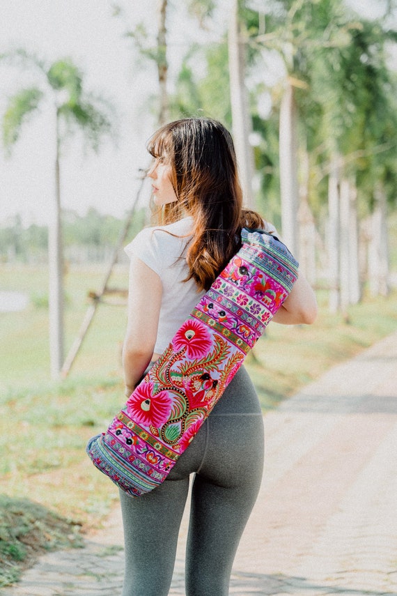 Handmade Yoga Mat Bag Hmong Embroidered in Purple, Floral Yoga Mat