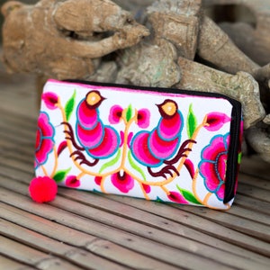 Silk Worm Bohemian Women Wallet,  Purse, Pom Pom Wallet for Women with Hmong Hill Tribe Embroidered in White - WA301WHIW
