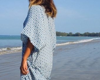 Indigo Dotted Floral Long Kimono, Robe, Beach Cover Up, Summer Cardigan, Vacations, Holiday Look, Swim Cover, Home Dress - CL01NAV2