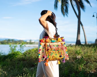 Orange Bird Hmong Embroidered Large Boho Tote, Oversized Handmade Beach Bag