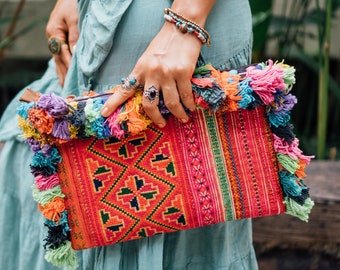 One of a Kind Cosmetic Bag, Tassels IPAD Case with Vintage Hmong Embroidery, Bohemian Clutch Bag for Women, Ethnic Purse - BG0022-00-ORG