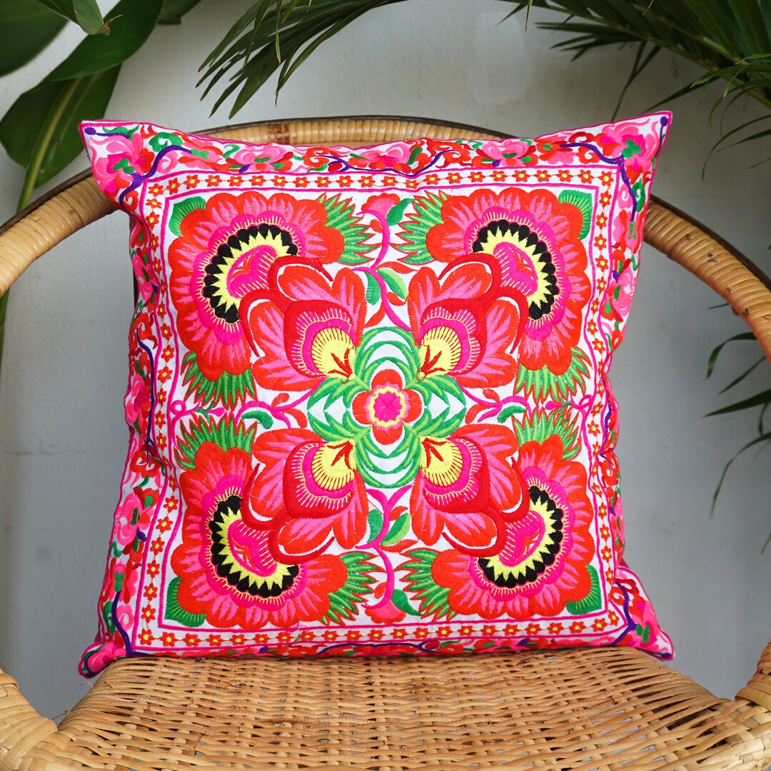 Red Flower Pillow Cases, Hmong Tribe Embroidered Pillow Cases, Boho