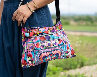 Colorful Bird Hmong Embroidered Sling Bag, Boho Crossbody Bag, Handmade in Thailand - BG305CB