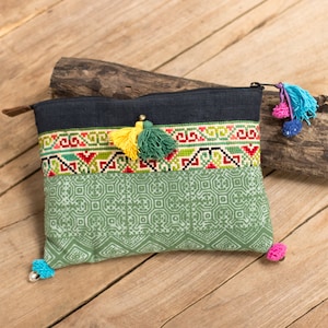 Unique Boho Clutch Handmade Hmong Batik Fabric Multi Tassels  Thailand in Green - BG507BAGRE