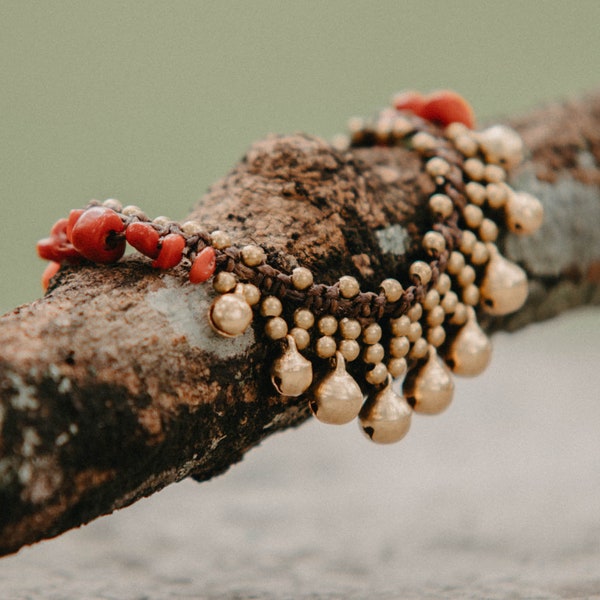 Red Coral Brass Bells Bracelet, Boho Hippie Jewelry - JE1RED