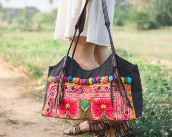 Beautiful Yellow Flower Artisan Beach Tote/Shoulder Bag with Tribal Hmong Embroidered, Leather Straps, Pom Pom, Brass Balls - BG518ORGH