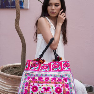 Silk Worm Beach Tote Bag with Hmong Hill Tribe Embroidery, Tote Bag, Boho Tote Bag, Ethnic Tote Bag, Flower Tote Bag BG301WHIW image 3