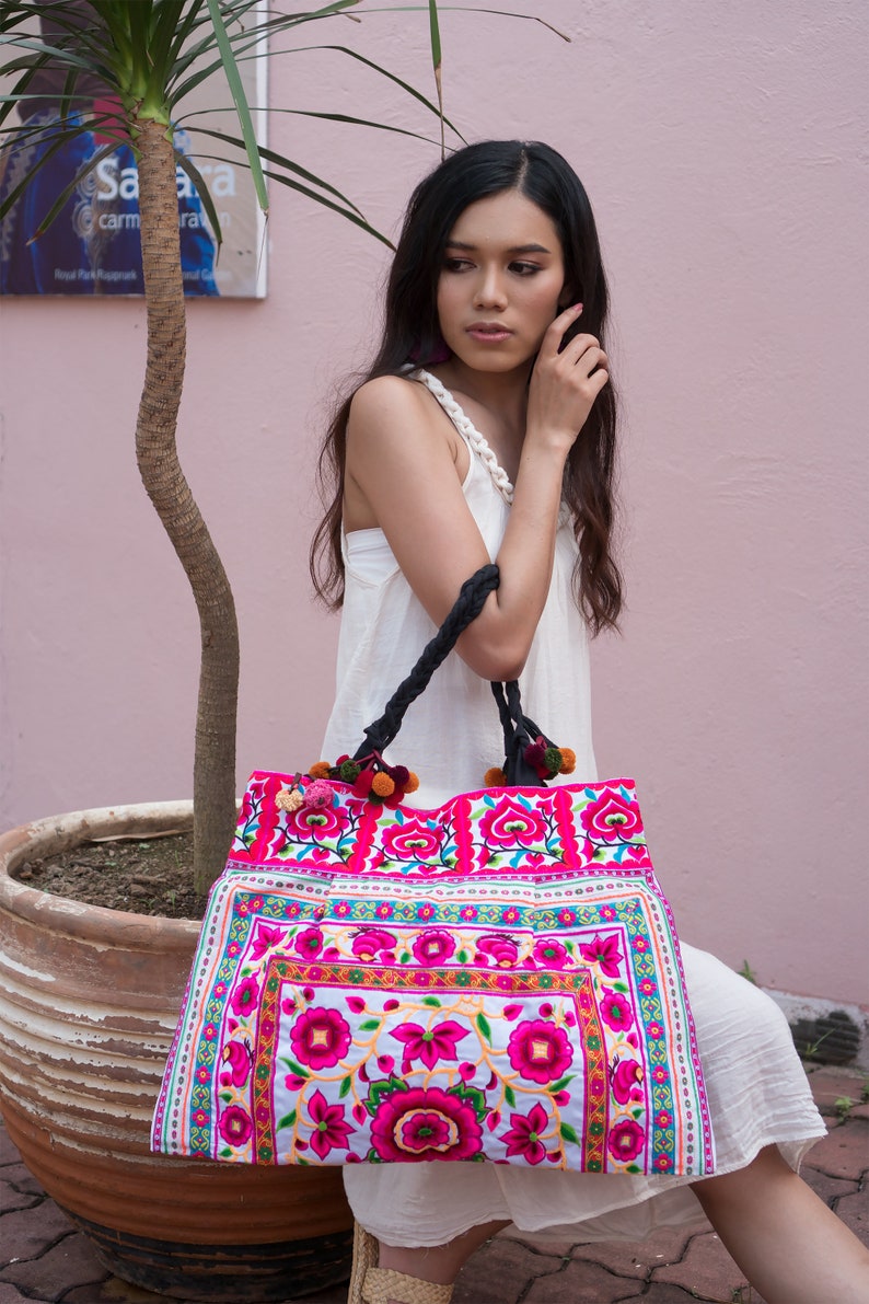 Silk Worm Beach Tote Bag with Hmong Hill Tribe Embroidery, Tote Bag, Boho Tote Bag, Ethnic Tote Bag, Flower Tote Bag BG301WHIW image 3