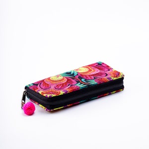 Red Flower Boho Wallet for Women, Hmong Embroidered Purse, Bohemian Wallet from Thailand, Ethnic Wallet with Pom Pom WA301FRED image 7