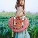 HALF MOON Vintage Beach Bag for Women with Hmong Embroidered, One of a Kind Pom Pom Hmong Bag, Boho Tote Bag, Bohemian Bag - BG0002-00-ORG 
