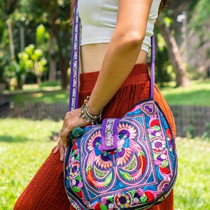 Colorful Bird Pattern Crossbody Bag with Hmong Tribe Embroidery, Boho Round Crossbody Bag, Hippie Crossbody Bag BG303CB image 2