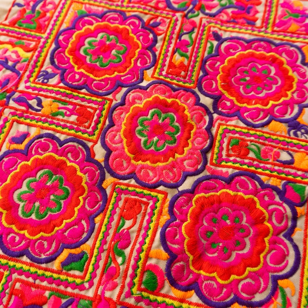 Flower Hmong Embroidered Fabric, Thai Fabric, Ethnic Fabric, Tribal Embroidery,  Textile, New Machine Embroidered Fabric - TX101C