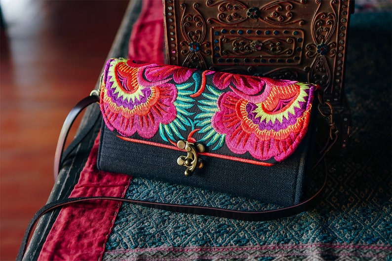 Flower Hmong Embroidered Crossbody Wallet/Purse in Red, Boho Wallet for Woman, Bohemian Wallet, Ethnic Purse from Thailand BG0014-02-BLA image 1