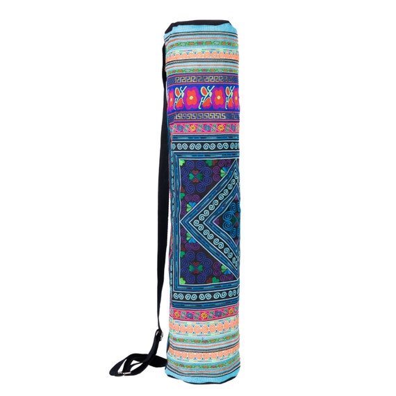 Ethnic Handmade Yoga Mat Bag with Diamond Hmong Embroidered in Blue 