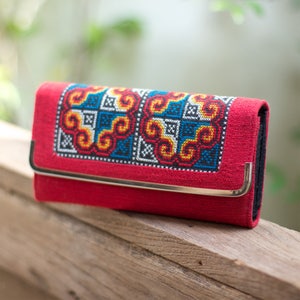 Unique  Wallet for Women, Handcrafted Purse with Hmong Hill Tribe Embroidered in Red - WA303HRED