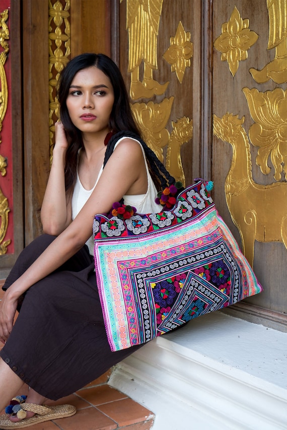 Large Embroidered Lotus Market Bag w/ Pompoms Large Embroidered Lotus Market Bag w/ Pompoms