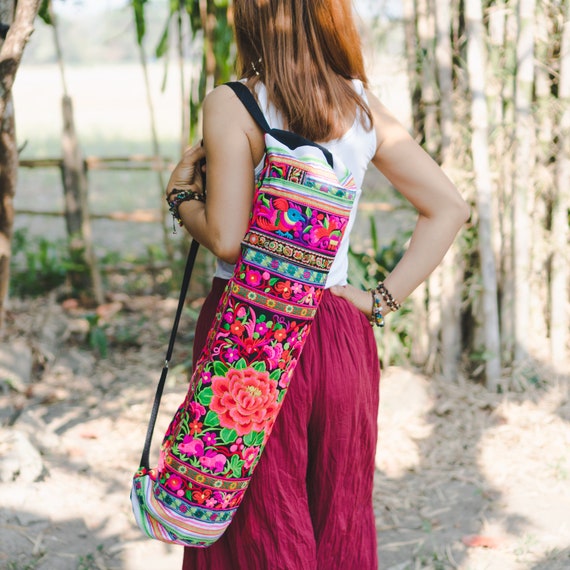 Tribal Yoga Mat Bag With Rose Hmong Embroidered From Thailand Etsy