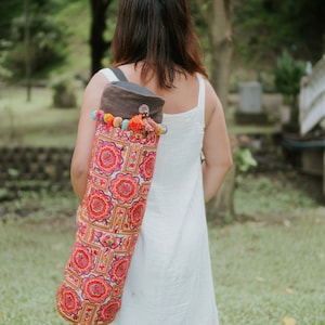 Yellow Flower Thai Yoga Mat Bag with Hmong Embroidered Fabric, Unique Yoga Mat Bag with Colorful Pompoms - BG60YELC
