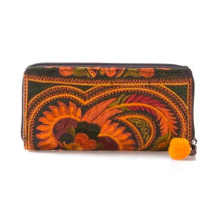 Handcrafted Boho Wallet with Hmong Tribal Embroidered Pom Pom Zip Pull Purse for Women WA301ORGB image 2