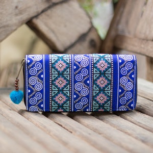 Unique Hmong Hill Tribe Wallet, Handcrafted Purse for Women with Pom Pom Zip Pull in Blue, Gift Wallet for Women, Boho Purse - WA301UVBLU