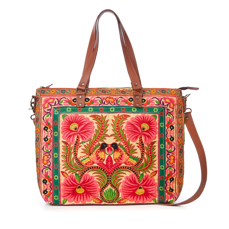 Orchid Hmong Embroidered Tote Bag with Adjustable Leather Crossbody Strap, Boho Beach Tote Bag from Thailand BG0055-00-YEL image 6
