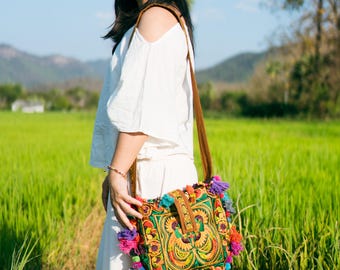 Yellow Bird Hmong Crossbody Bag, Embroidered Sling Bag, Handmade in Thailand - BG68ORGB