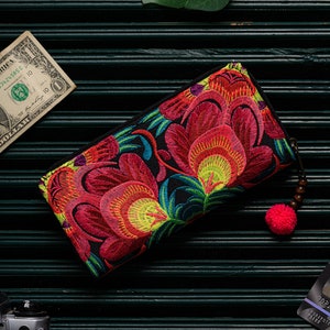 Red Flower Boho Wallet for Women, Hmong Embroidered Purse, Bohemian Wallet from Thailand, Ethnic Wallet with Pom Pom WA301FRED image 2