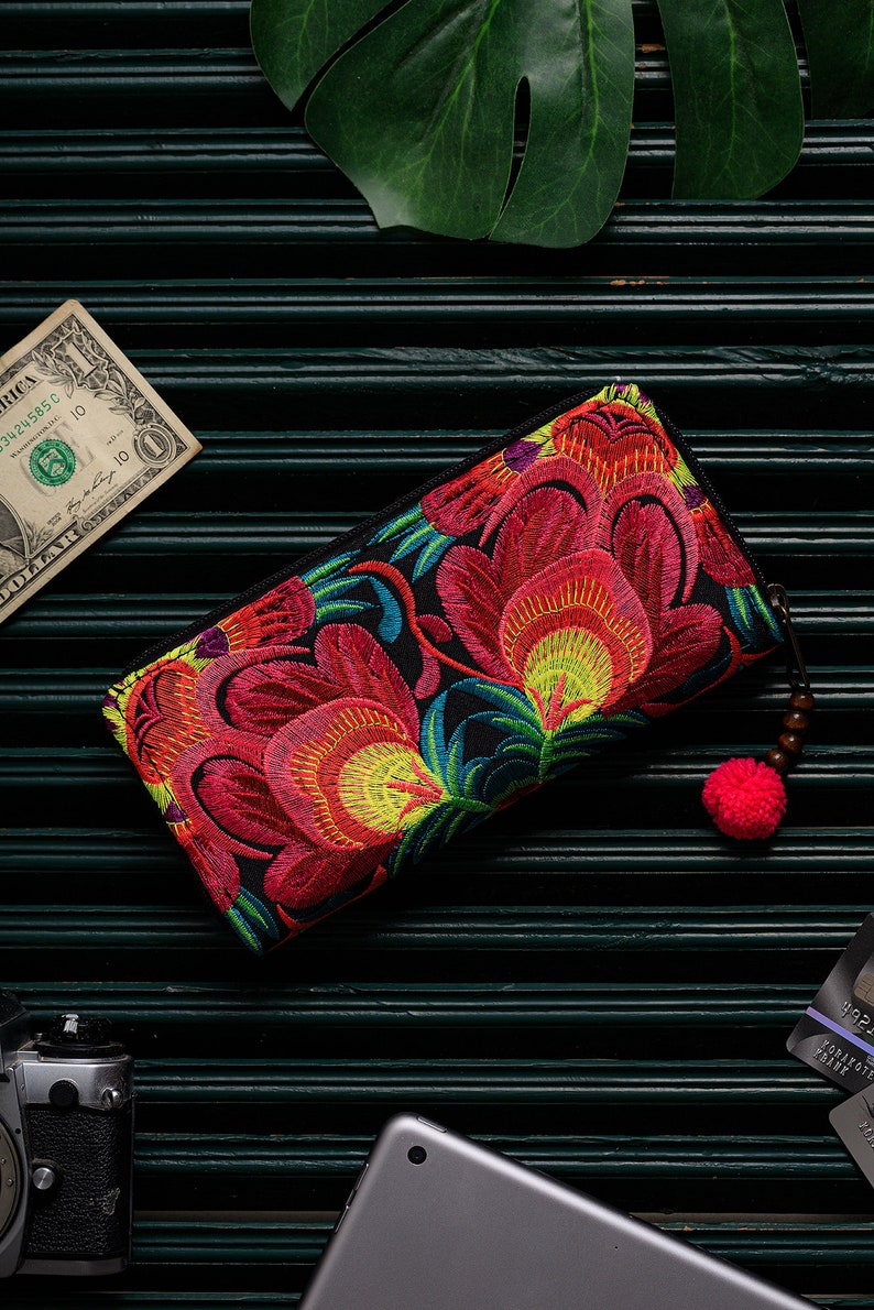 Red Flower Boho Wallet for Women, Hmong Embroidered Purse, Bohemian Wallet from Thailand, Ethnic Wallet with Pom Pom WA301FRED image 2