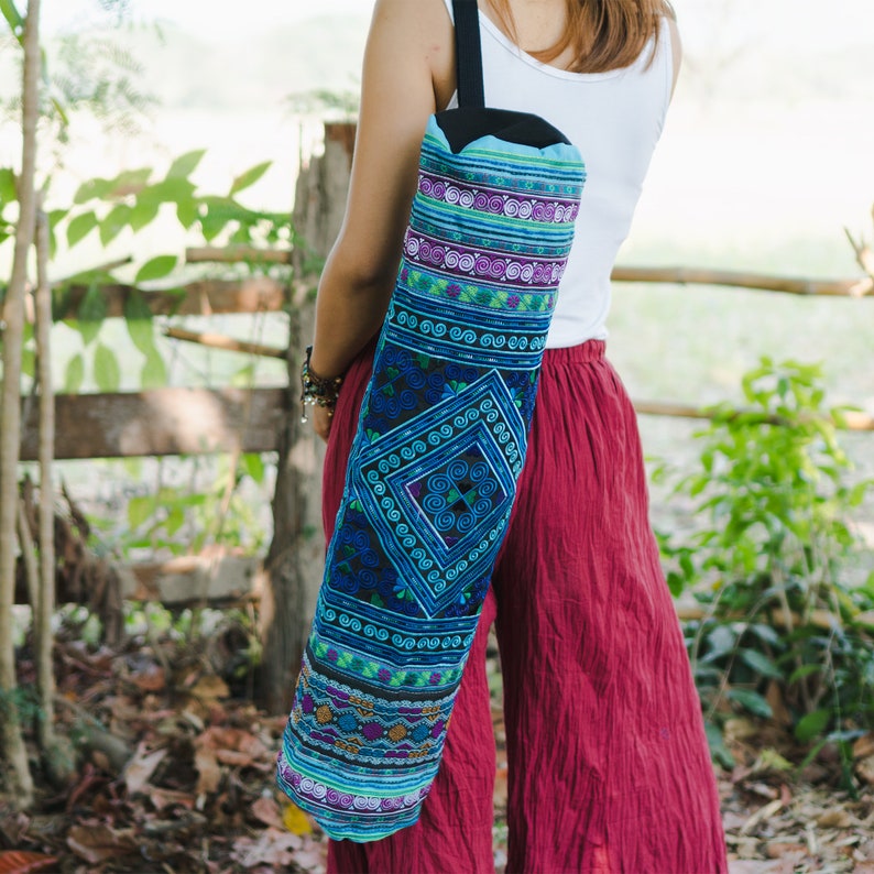 BG316BLUDIA Handcrafred Fair Trade Yoga Mat Bag for Yogi Ethnic Yoga Mat Bag with Diamond Hmong Hill Tribe Embroidered in Blue
