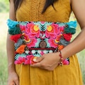 Red Flower Hmong Embroidered Clutch Bag with Colorful Tassels, Ethnic Tribal Bag - BG501BLAF product logo