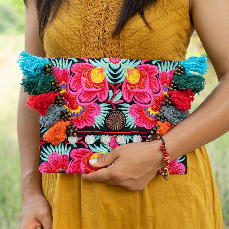 Red Flower Clutch Bag with Color Tassels, Hmong Embroidered Cosmetic Bag, Ethnic Clutch Bag from Thailand, Tribal Clutch Bag BG501BLAF image 1