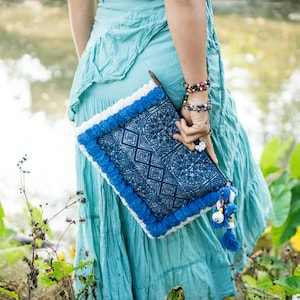 Unique Woman's Batik Clutch Bag/Ipad Holder with Blue and White Pom Pom BG515BABLU image 2