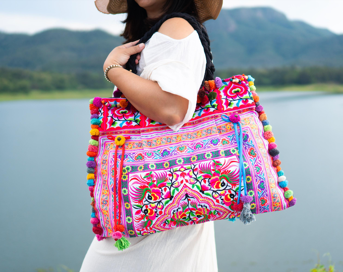 Boho Peacock Tote, Hmong Embroidered Large Beach Bag from Thailand with Pom Poms