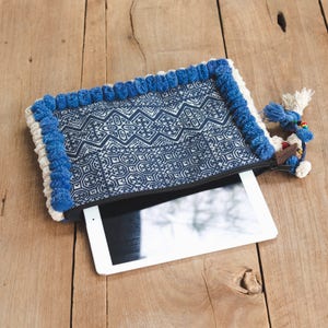 Unique Woman's Batik Clutch Bag/Ipad Holder with Blue and White Pom Pom BG515BABLU image 4