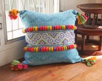Unique Hmong Embroidered Cushion Cover with Pom Pom, Vintage Fabric Pillow Case from Thailand, Blue Ethnic Cushion Cover - CS16BABLU