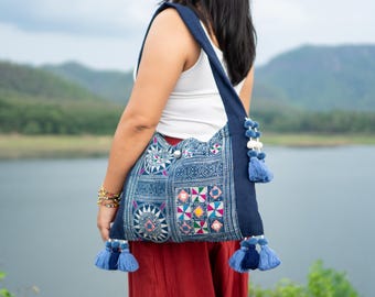 Blue Hmong Embroidered Shoulder Bag, Boho Tote Purse, Thai Tribal Bag - BG70NAV